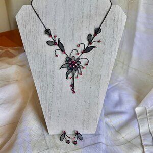 Black Metal Statement Necklace and Earrings with Pink Rhinestones